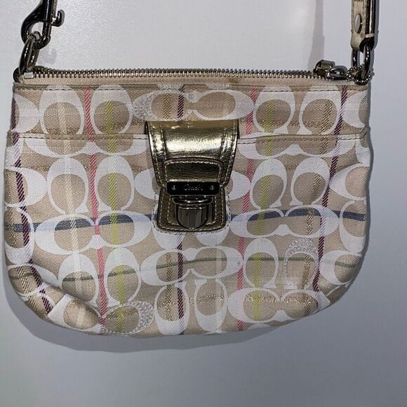 Coach Women's Beige Tattersall Signature Logo Swing Crossbody Bag Small - Picture 1 of 14